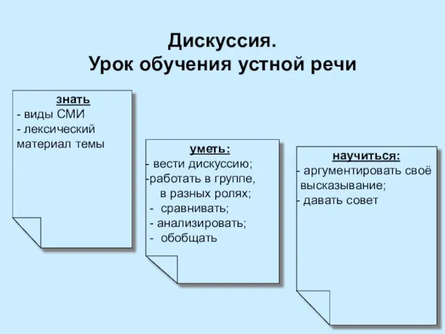 Дискуссия. Урок обучения устной речи знать - виды СМИ - лексический материал