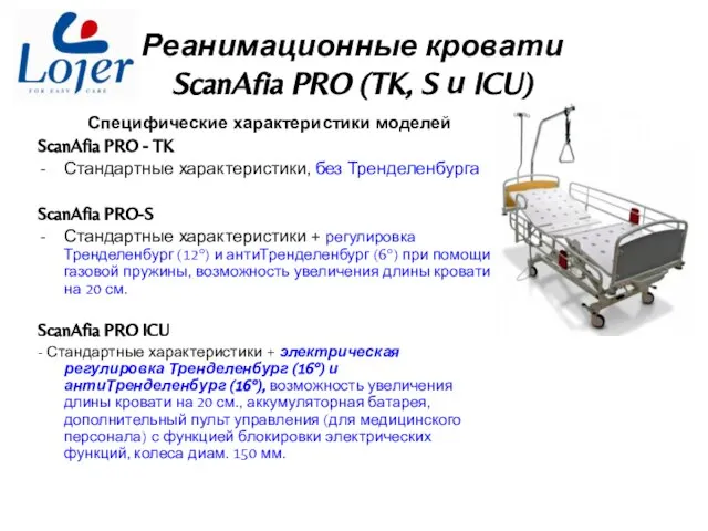 Реанимационные кровати ScanAfia PRO (TK, S и ICU) Специфические характеристики моделей ScanAfia