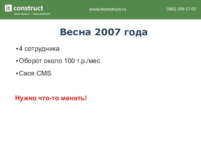 Весна 2007 года 4 сотрудника Оборот около 100 т.р./мес Своя CMS Нужно что-то менять!