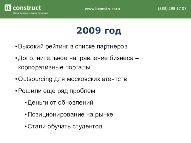 2009 год Высокий рейтинг в списке партнеров Дополнительное направление бизнеса – корпоративные