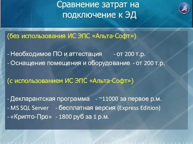 Сравнение затрат на подключение к ЭД (без использования ИС ЭПС «Альта-Софт») -