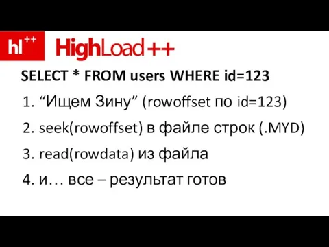 SELECT * FROM users WHERE id=123 1. “Ищем Зину” (rowoffset по id=123)