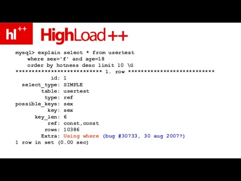 mysql> explain select * from usertest where sex='f' and age=18 order by