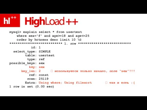 mysql> explain select * from usertest where sex='f' and age>=18 and age