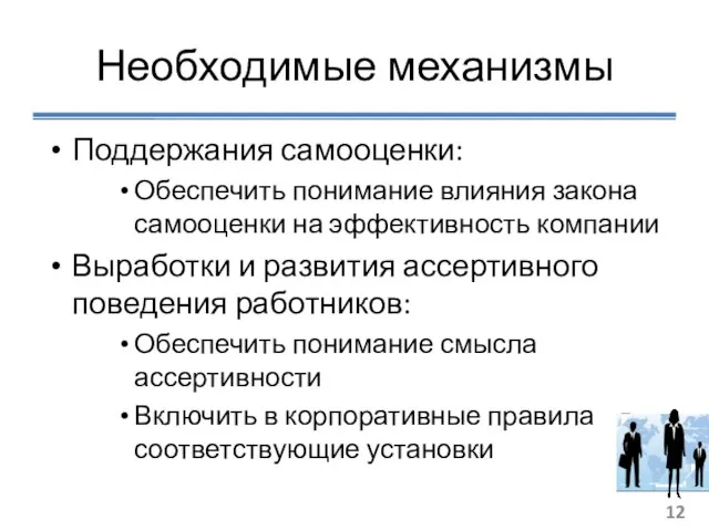 Необходимые механизмы Поддержания самооценки: Обеспечить понимание влияния закона самооценки на эффективность компании