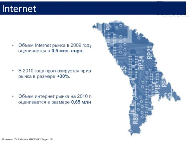 Internet Объем Internet рынка в 2009 году оценивается в 0,5 млн. евро.