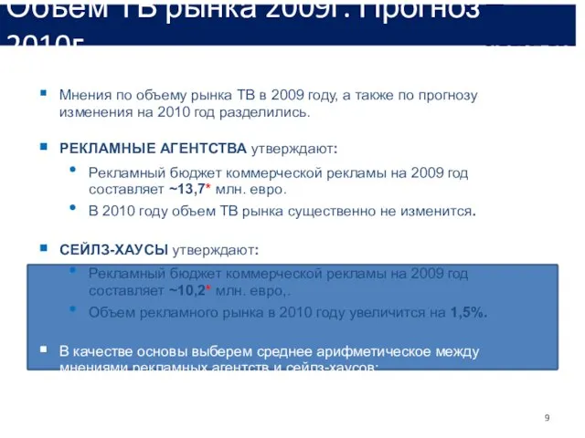 Объем ТВ рынка 2009г. Прогноз 2010г. Мнения по объему рынка ТВ в