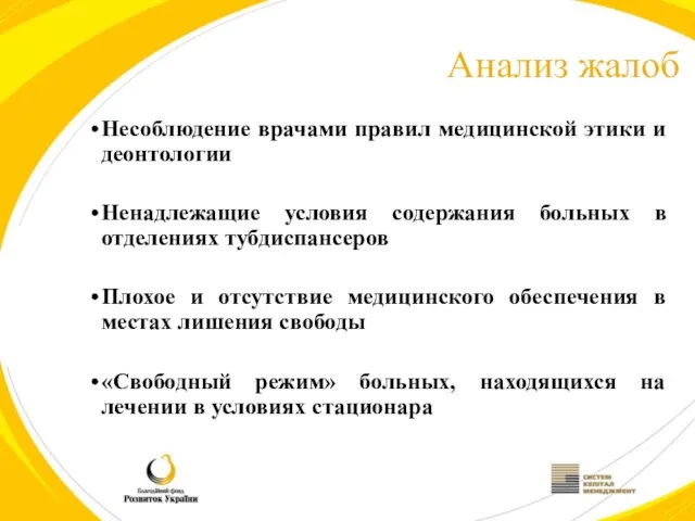 Анализ жалоб Несоблюдение врачами правил медицинской этики и деонтологии Ненадлежащие условия содержания