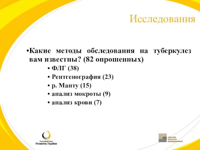 Исследования Какие методы обследования на туберкулез вам известны? (82 опрошенных) ФЛГ (38)