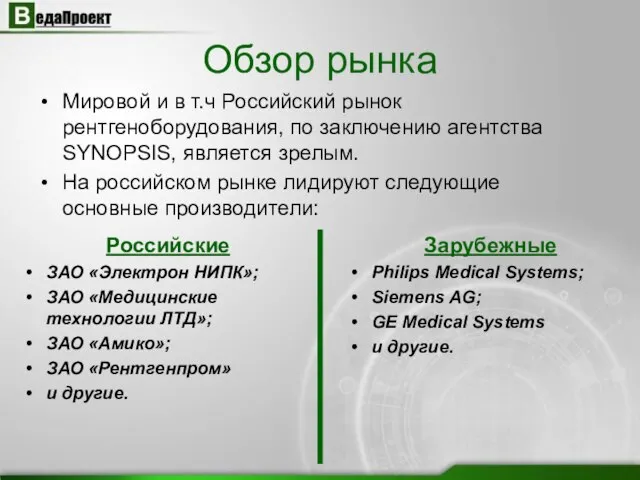 Обзор рынка Мировой и в т.ч Российский рынок рентгеноборудования, по заключению агентства