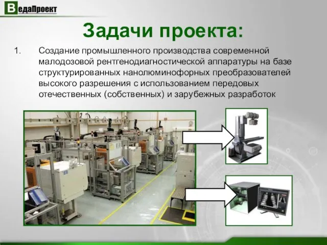 Задачи проекта: Создание промышленного производства современной малодозовой рентгенодиагностической аппаратуры на базе структурированных
