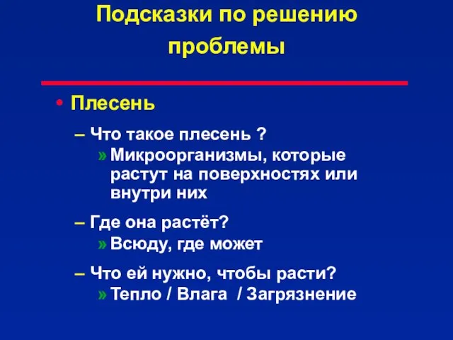 Подсказки по решению проблемы Плесень Что такое плесень ? Микроорганизмы, которые растут