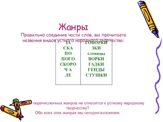 Жанры Правильно соединив части слов, вы прочитаете названия видов устного народного творчества: