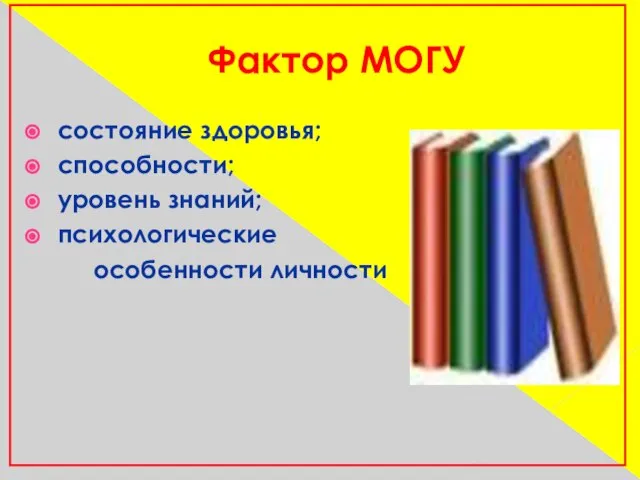 Фактор МОГУ состояние здоровья; способности; уровень знаний; психологические особенности личности