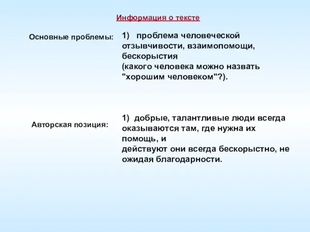 1) проблема человеческой отзывчивости, взаимопомощи, бескорыстия (какого человека можно назвать "хорошим человеком"?).