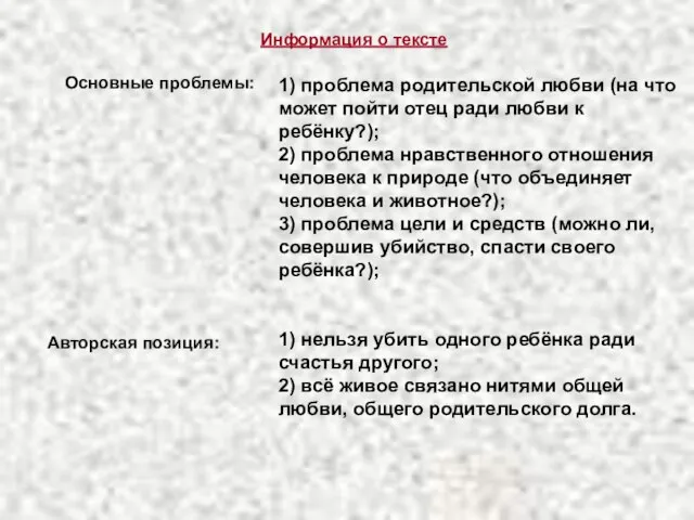 Основные проблемы: Авторская позиция: Информация о тексте 1) проблема родительской любви (на