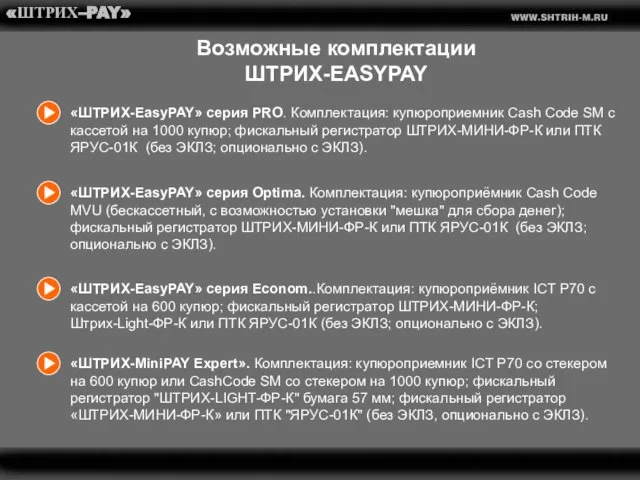 Возможные комплектации ШТРИХ-EASYPAY «ШТРИХ–PAY» «ШТРИХ-EasyPAY» серия PRO. Комплектация: купюроприемник Cash Code SM