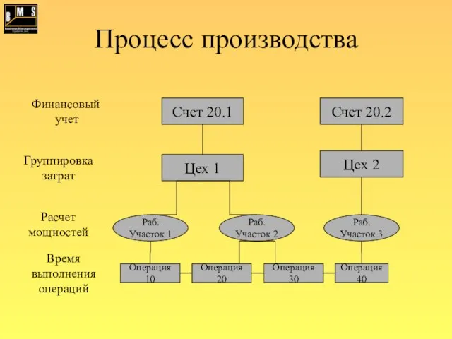 Процесс производства Операция 10 Раб. Участок 1 Цех 2 Цех 1 Счет