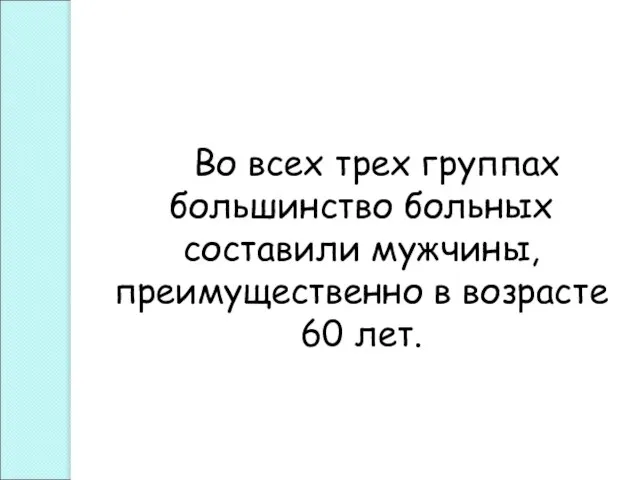 Во всех трех группах большинство больных составили мужчины, преимущественно в возрасте 60 лет.