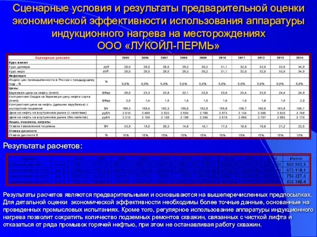 Сценарные условия и результаты предварительной оценки экономической эффективности использования аппаратуры индукционного нагрева