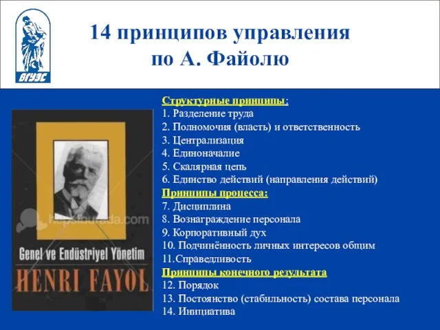 14 принципов управления по А. Файолю Структурные принципы: 1. Разделение труда 2.