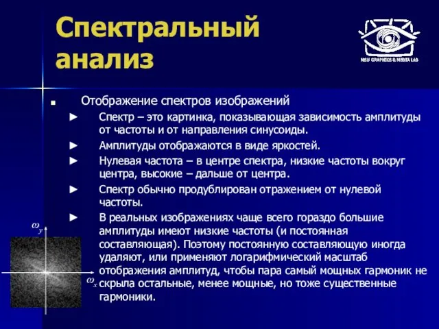 Спектральный анализ Отображение спектров изображений Спектр – это картинка, показывающая зависимость амплитуды