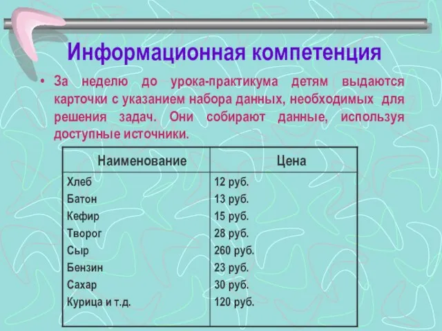 Информационная компетенция За неделю до урока-практикума детям выдаются карточки с указанием набора