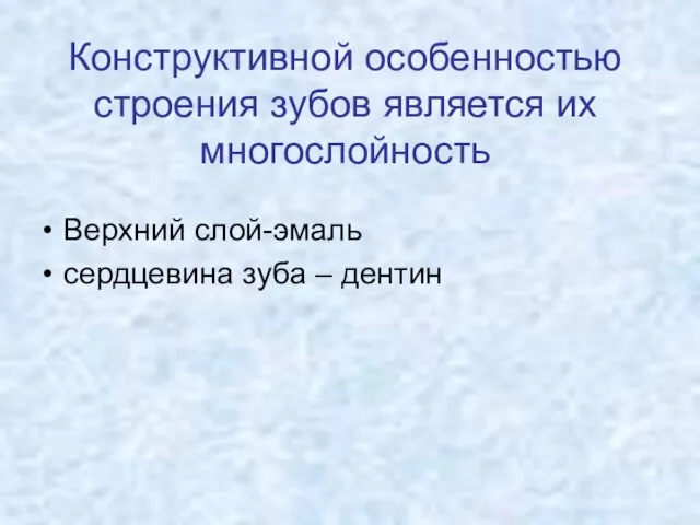 Конструктивной особенностью строения зубов является их многослойность Верхний слой-эмаль сердцевина зуба – дентин