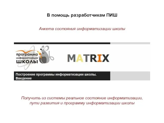 В помощь разработчикам ПИШ Анкета состояния информатизации школы Получить из системы реальное