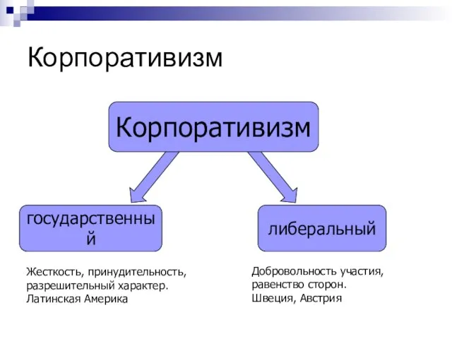 Корпоративизм государственный либеральный Корпоративизм Жесткость, принудительность, разрешительный характер. Латинская Америка Добровольность участия, равенство сторон. Швеция, Австрия