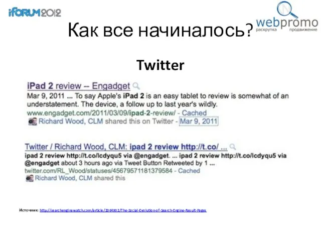 Как все начиналось? Twitter Источник: http://searchenginewatch.com/article/2064902/The-Social-Evolution-of-Search-Engine-Result-Pages