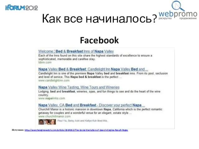 Как все начиналось? Facebook Источник: http://searchenginewatch.com/article/2064902/The-Social-Evolution-of-Search-Engine-Result-Pages