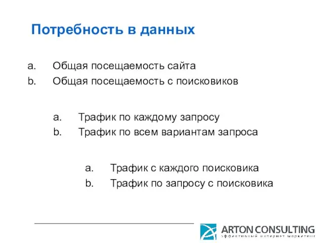 Потребность в данных Общая посещаемость сайта Общая посещаемость с поисковиков Трафик по