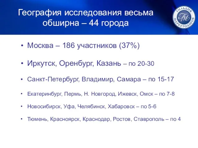 География исследования весьма обширна – 44 города Москва – 186 участников (37%)