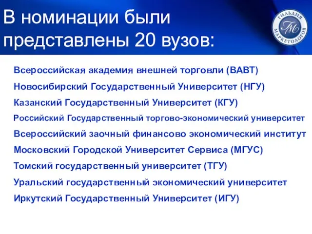 1. ЛУЧШИЙ МАРКЕТИНГ Всероссийская академия внешней торговли (ВАВТ) Новосибирский Государственный Университет (НГУ)