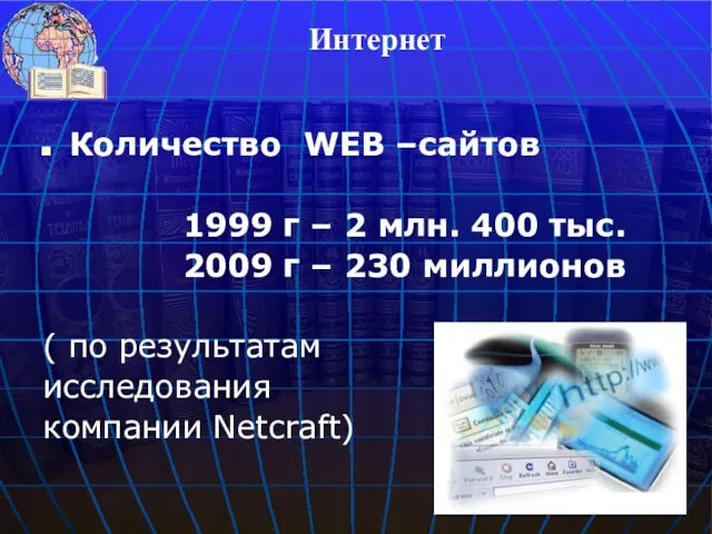 Количество WEB –сайтов 1999 г – 2 млн. 400 тыс. 2009 г