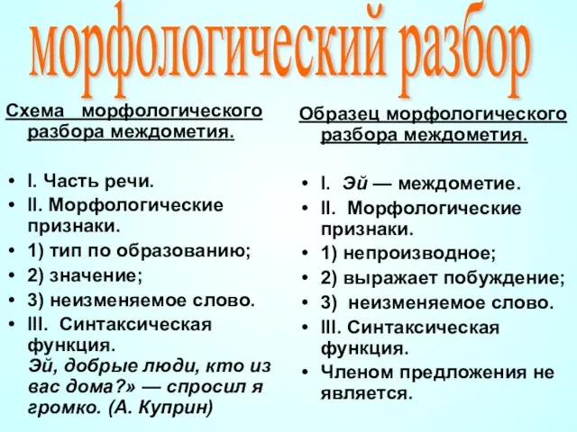 Схема морфологического разбора междометия. I. Часть речи. II. Морфологические признаки. 1) тип