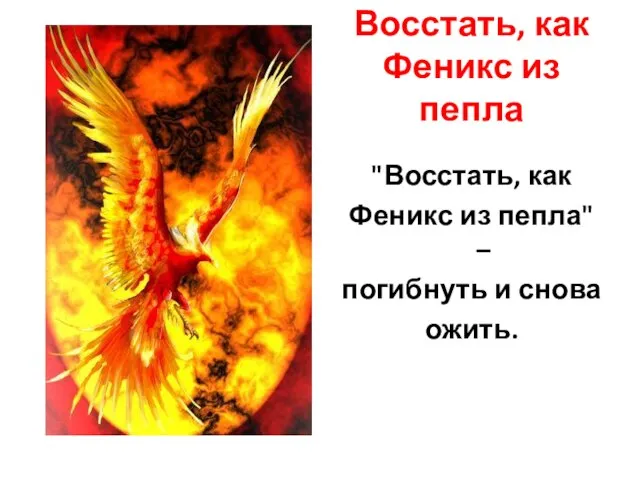 Восстать, как Феникс из пепла "Восстать, как Феникс из пепла" – погибнуть и снова ожить.