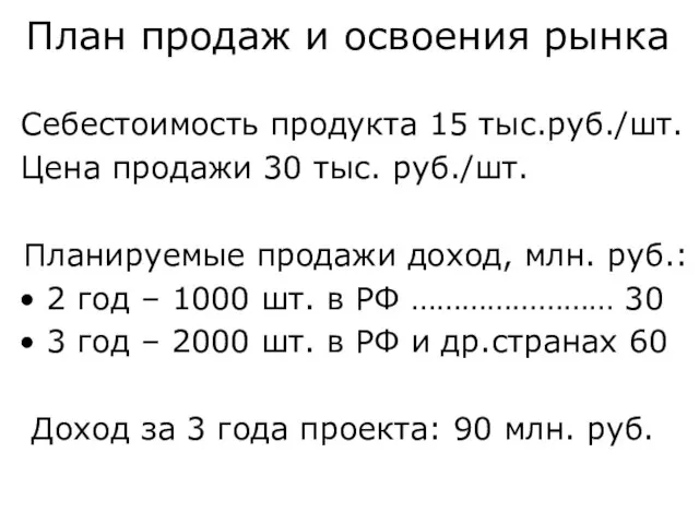 План продаж и освоения рынка Себестоимость продукта 15 тыс.руб./шт. Цена продажи 30