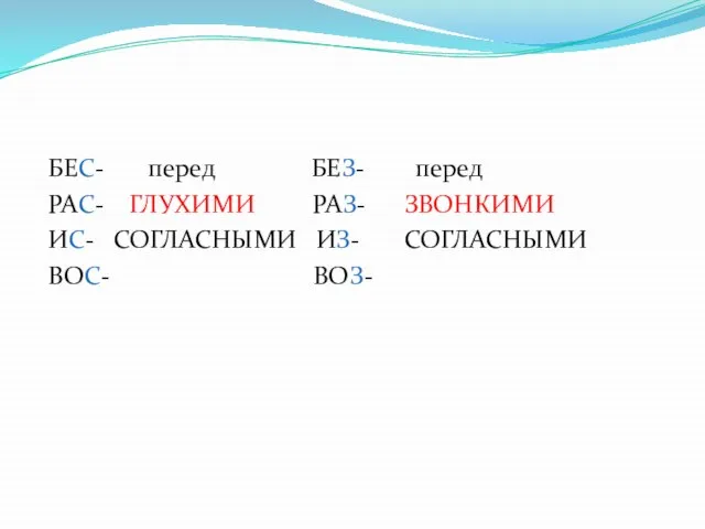 БЕС- перед БЕЗ- перед РАС- ГЛУХИМИ РАЗ- ЗВОНКИМИ ИС- СОГЛАСНЫМИ ИЗ- СОГЛАСНЫМИ ВОС- ВОЗ-