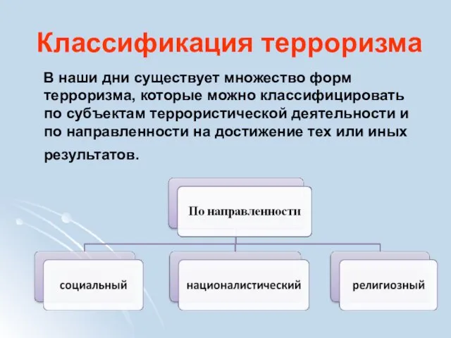 Классификация терроризма В наши дни существует множество форм терроризма, которые можно классифицировать