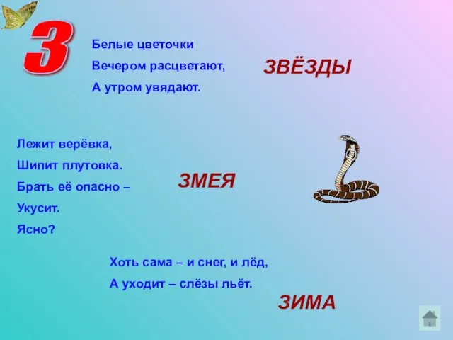 З Белые цветочки Вечером расцветают, А утром увядают. Лежит верёвка, Шипит плутовка.