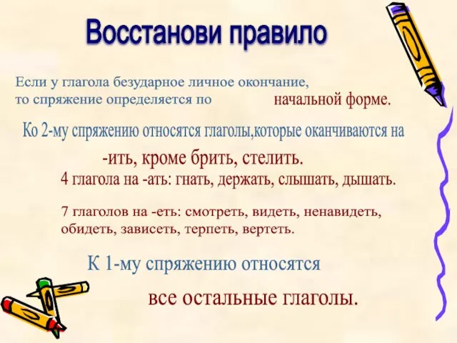 Восстанови правило Если у глагола безударное личное окончание, то спряжение определяется по