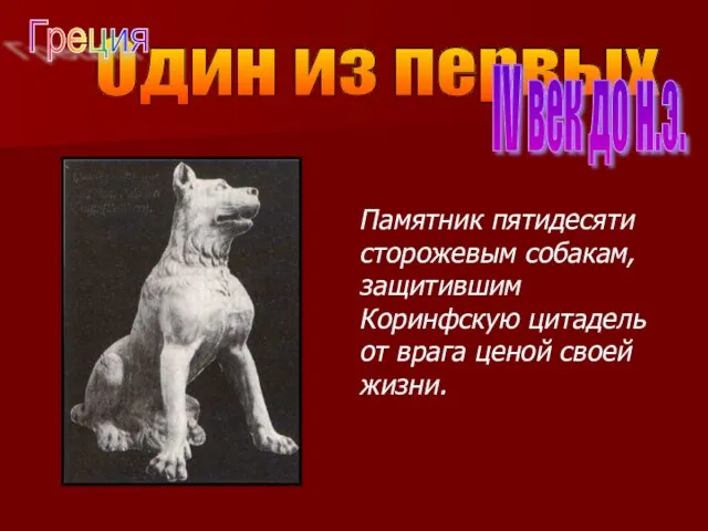 Один из первых IV век до н.э. Памятник пятидесяти сторожевым собакам, защитившим