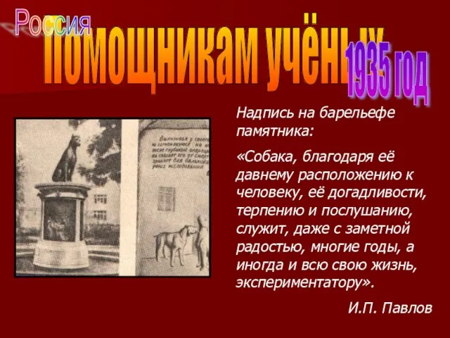 Надпись на барельефе памятника: «Собака, благодаря её давнему расположению к человеку, её