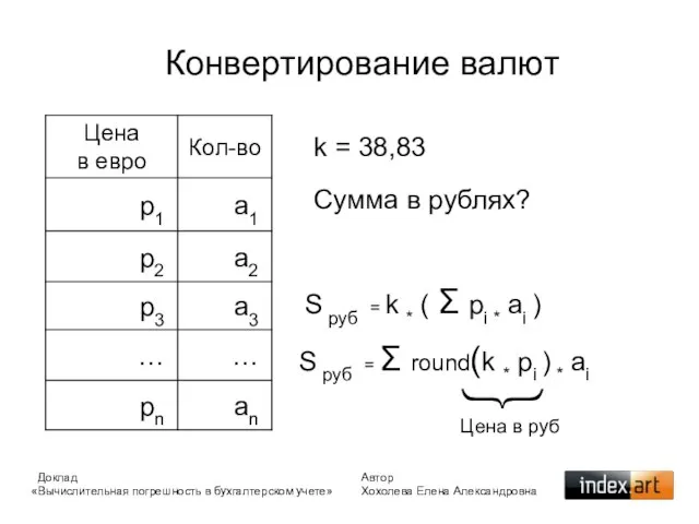 Конвертирование валют k = 38,83 Сумма в рублях? S руб = k