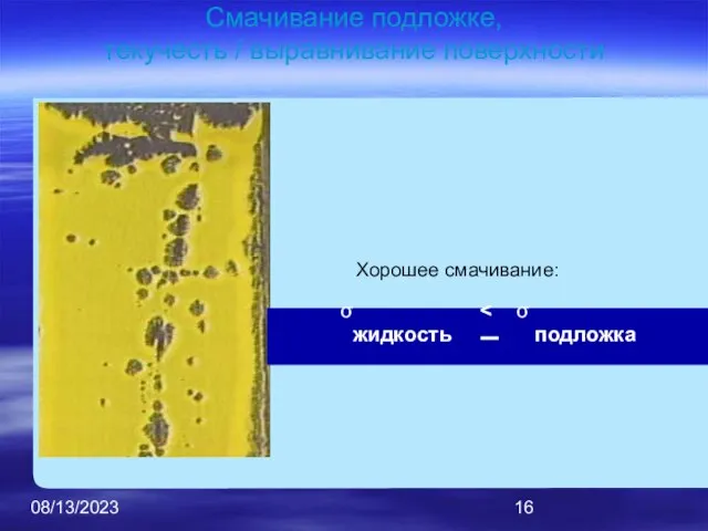 08/13/2023 Смачивание подложке, текучесть / выравнивание поверхности σжидкость Хорошее смачивание: