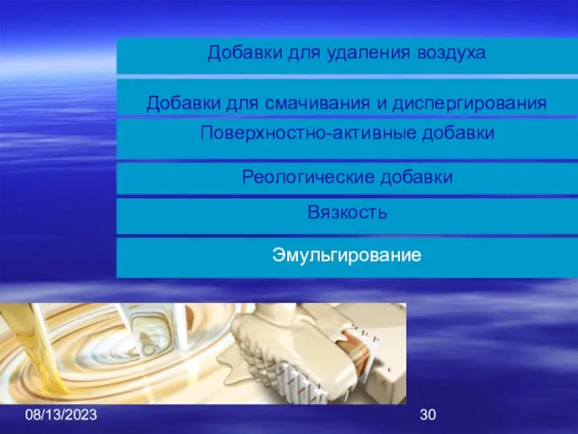 08/13/2023 Добавки для смачивания и диспергирования Добавки для удаления воздуха Поверхностно-активные добавки Реологические добавки Вязкость Эмульгирование