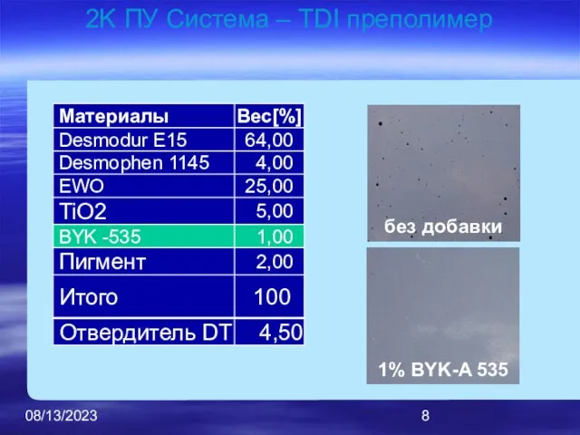 08/13/2023 2K ПУ Система – TDI преполимер без добавки 1% BYK-A 535