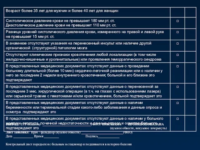 ВЫВОД: ТЛТ больному _____________________________(ФИО) ПОКАЗАНА ПРОТИВОПОКАЗАНА (нужное обвести, ненужное зачеркнуть) Лист заполнил: